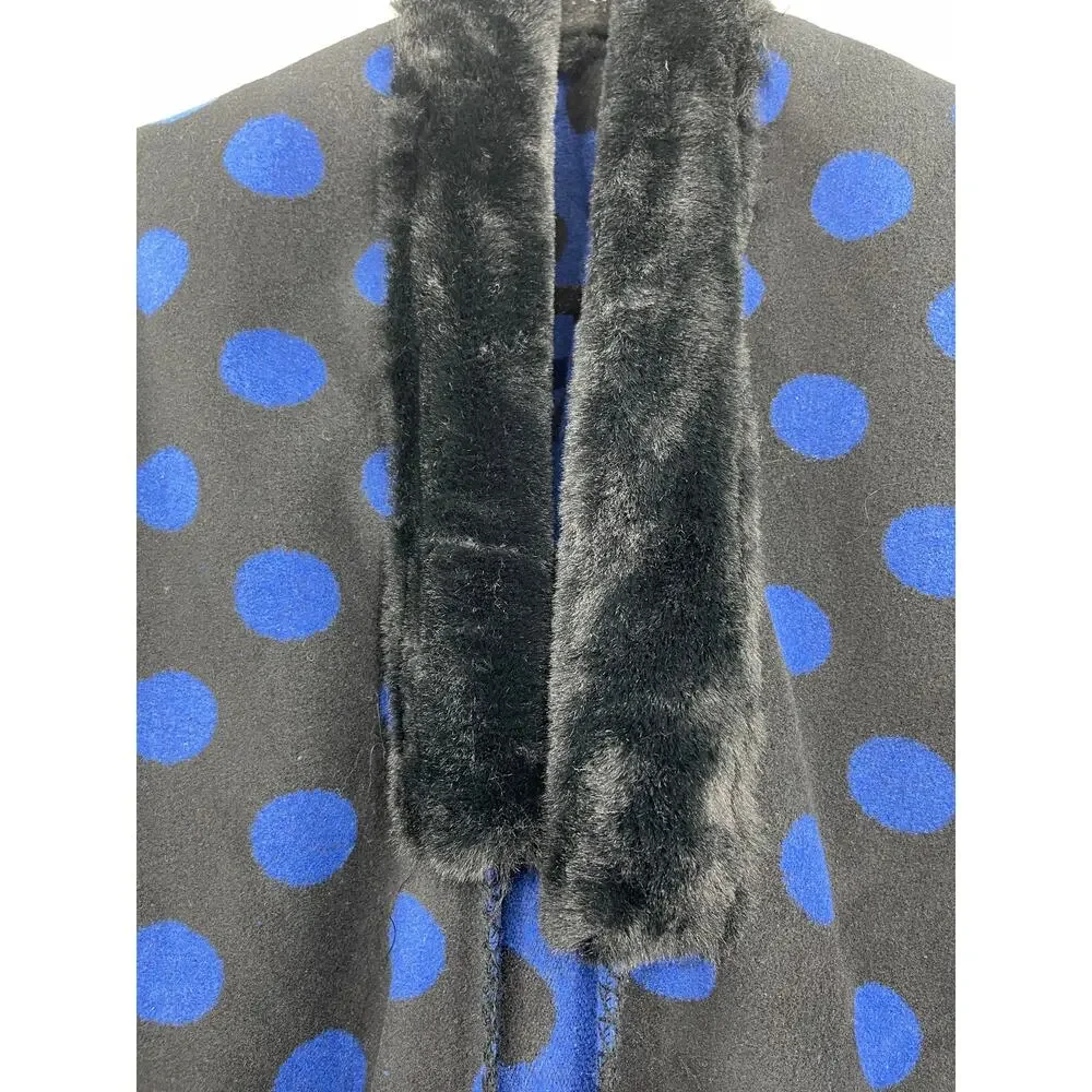 Loft Poncho Cardigan Faux Fur Trim Reversible Blue Black Polka Dots NEW Medium